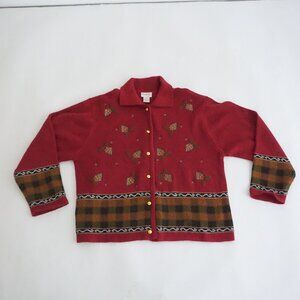 Vintage Crystal Kobe Red Floral Embroidered Plaid Trim Button Knit Cardigan XL